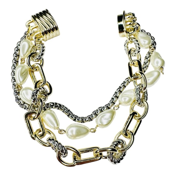 Gorgeous Two Tone Open Link Pearl Bracelet Magnetic Closure - Picture 1 of 5